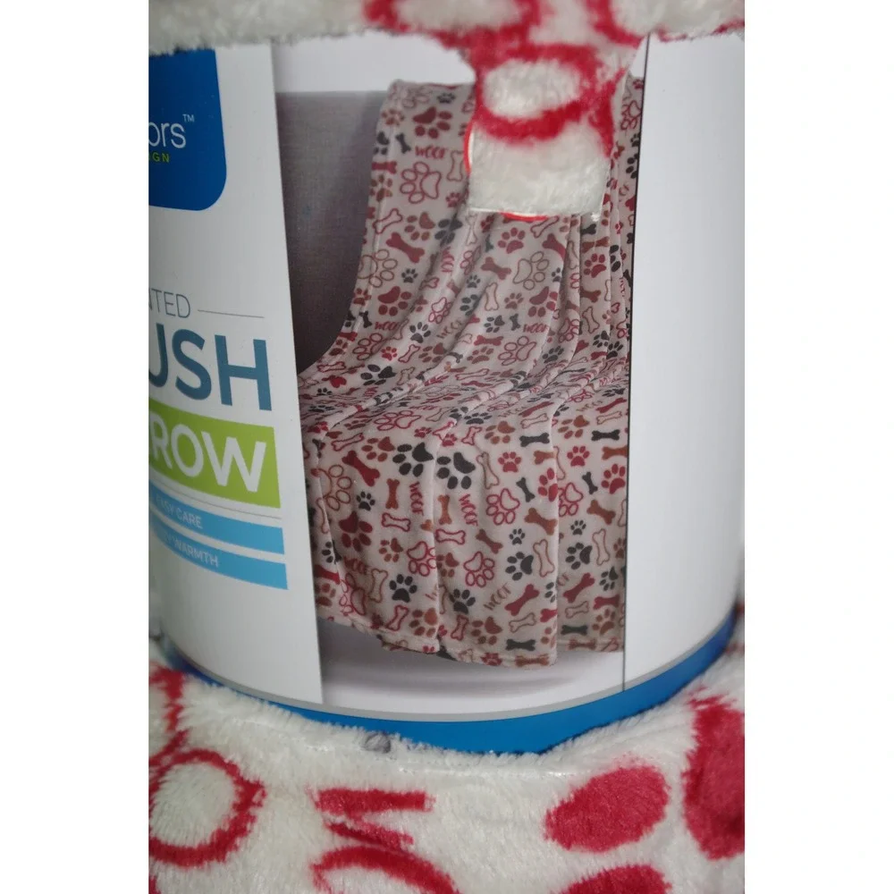 NEW Interiors by Design Plush Throw Blanket Dog Paw Bone Print White Red 50x60